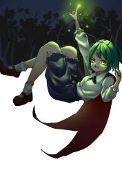 Rule 34 | 1girl, absurdres, antennae, breasts, cape, clenched hand, culottes, fireflies, forest, glowing, glowing finger, green eyes, green hair, highres, index finger raised, kourou (kouroukun), looking at viewer, loose socks, mary janes, nature, night, open mouth, shirt, shoes, small breasts, smile, socks, solo, touhou, white shirt, wriggle nightbug