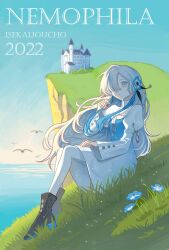 Rule 34 | 1girl, 2022, absurdres, black footwear, blue dress, blue eyes, blue flower, blue hair, blue sky, boots, character name, cliff, commentary, day, dress, floating hair, flower, full body, garlica, gradient dress, grass, hair flower, hair ornament, hair over one eye, highres, holding, holding own hair, horizon, isekai joucho, juliet sleeves, kamitsubaki studio, light particles, long hair, long sleeves, looking ahead, mansion, multicolored hair, ocean, one eye covered, outdoors, pantyhose, puffy sleeves, shore, shrug (clothing), simple bird, sitting, sky, solo, streaked hair, virtual youtuber, white dress, white hair, white pantyhose