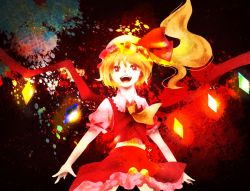 Rule 34 | 1girl, bad id, bad pixiv id, blonde hair, female focus, flandre scarlet, hat, high contrast, open mouth, puffy short sleeves, puffy sleeves, red eyes, short sleeves, side ponytail, skirt, skirt set, solo, touhou, wings, yamamoto bc