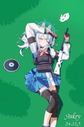 1girl absurdres animal_ear_hairband animal_ears arm_over_head artist_name blue_archive blue_halo blue_skirt chinese_commentary closed_eyes commentary_request dated fake_animal_ears feet_out_of_frame gloves gun hairband halo highres knee_pads long_hair lying merak0901 miyako_(blue_archive) neckerchief on_back on_grass pink_gloves pink_neckerchief pleated_skirt rabbit rabbit_ear_hairband rabbit_ears school_uniform skirt sleeping solo weapon white_hair