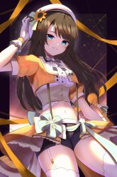 Rule 34 | 1girl, ao ne, aqua eyes, baton, beret, brown hair, crop top, cropped jacket, gloves, grin, hat, highres, hololive, idol, long hair, looking at viewer, midriff, navel, official alternate costume, oozora subaru, oozora subaru (starlight), oozora subaru (starlight), smile, solo, suspenders, thighhighs, virtual youtuber, waist cape, white thighhighs, zettai ryouiki