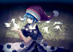 Rule 34 | 1girl, ainy, bad id, bad pixiv id, bare arms, bird, blue eyes, blue hair, capelet, commentary request, doremy sweet, dress, frilled dress, frills, hat, highres, nightcap, pom pom (clothes), solo, touhou, upper body, white dress