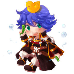 Rule 34 | 1boy, :d, belt, black coat, black footwear, blue hair, boots, brown belt, bubble, buttons, chain, coat, commentary request, double-breasted, dual wielding, eyes visible through hair, flipped hair, full body, green eyes, hair between eyes, holding, long sleeves, looking at viewer, male focus, manoji, open mouth, pants, ragnarok online, rebellion (ragnarok online), rubber duck, short hair, simple background, smile, solo, water, water gun, white background, white pants