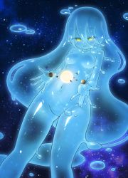 Rule 34 | 1girl, blue hair, blue sclera, blue skin, colored sclera, colored skin, commentary request, commission, completely nude, curss, eyes visible through hair, giant, giantess, hair between eyes, highres, jupiter (planet), long hair, monster girl, nude, original, pixiv commission, saturn (planet), slime girl, smile, solar system, space, star (sky), sun, very long hair, yellow eyes