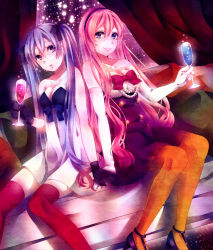 Rule 34 | 2girls, bad id, bad pixiv id, breasts, cleavage, cup, dress, drinking glass, elbow gloves, gloves, holding hands, hatsune miku, long hair, medium breasts, megurine luka, multiple girls, orange legwear, pantyhose, pink hair, purple hair, red legwear, sitting, smile, strapless, strapless dress, suminosumire, thighhighs, twintails, very long hair, vocaloid, wine glass