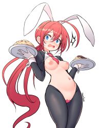 Rule 34 | 1girl, absurdres, ahoge, animal ears, blue eyes, blush, breasts, embarrassed, fake animal ears, food, heart maebari, highres, holding, holding plate, long hair, long sleeves, looking at viewer, low ponytail, maebari, medium breasts, meme attire, navel, necktie, nipples, nose blush, nude, open mouth, original, plate, rabbit ears, ranken, red hair, red necktie, reverse bunnysuit, reverse outfit, shrug (clothing), simple background, solo, stomach, very long hair, white background, wide-eyed, wrist cuffs