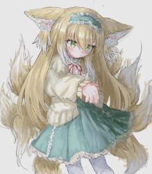 Rule 34 | 1girl, animal ear fluff, animal ears, aqua hairband, aqua skirt, arknights, blonde hair, cardigan, closed mouth, cross-laced clothes, cross-laced skirt, cross-laced slit, fox ears, fox girl, fox tail, frilled hairband, frills, green eyes, hair between eyes, hair ornament, hair scrunchie, hairband, highres, kitsune, kyuubi, long hair, long sleeves, multicolored hair, multiple tails, neck ribbon, official alternate costume, puffy long sleeves, puffy sleeves, red ribbon, reitoubeef, ribbon, scrunchie, shirt, simple background, skirt, solo, suzuran (arknights), suzuran (spring praise) (arknights), tail, two-tone hair, white background, white hair, white shirt, yellow cardigan