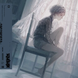 Rule 34 | 1girl, album cover, barefoot, closed mouth, cover, curtains, denonbu, floor, grey hair, grey theme, haijima ginka, hotatenshi, hugging own legs, indoors, knee up, long sleeves, looking down, official alternate costume, official art, on chair, profile, shirt, short hair, short shorts, shorts, sitting, solo, window