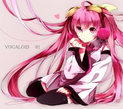 Rule 34 | 1girl, bad id, bad pixiv id, character name, cherry, detached sleeves, food, food-themed hair ornament, fruit, hair ornament, hatsune miku, hibiya, highres, long hair, looking at viewer, necktie, pink eyes, pink hair, revision, sakura miku, sitting, solo, thighhighs, twintails, very long hair, vocaloid