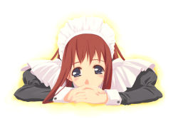 Rule 34 | 1girl, blue eyes, own hands clasped, lying, maid, maid headdress, murakami suigun, on stomach, original, own hands together, red hair, sad, solo