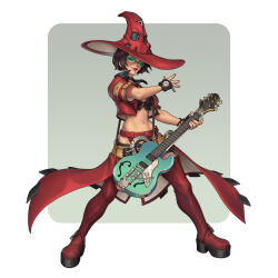 Rule 34 | 1girl, absurdres, black hair, boots, breasts, cleavage, electric guitar, fingerless gloves, full body, gloves, green-tinted eyewear, guilty gear, guilty gear strive, guitar, hat, highres, i-no, instrument, large breasts, lawrenceofhong, looking at viewer, mole, mole above mouth, red footwear, red hat, red leather, red lips, short hair, standing, sunglasses, thigh boots, tinted eyewear, venus symbol, witch hat