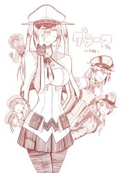 Rule 34 | 10s, 6+girls, adjusting clothes, adjusting headwear, anchor, arm behind back, bag, bare shoulders, birii, bismarck (kancolle), blush, breasts, can&#039;t be this cute, capelet, clenched hand, commentary request, cross, dark-skinned female, dark skin, detached sleeves, dress, flower, graf zeppelin (kancolle), hair between eyes, hair flower, hair ornament, hand on another&#039;s head, hand on headwear, hat, impossible clothes, jacket, kantai collection, large breasts, long hair, long sleeves, looking at viewer, military, military hat, military uniform, miniskirt, monochrome, multiple girls, necktie, open mouth, pantyhose, partially translated, peaked cap, pleated skirt, prinz eugen (kancolle), ro-500 (kancolle), sailor collar, sailor dress, sailor hat, school swimsuit, short hair, sidelocks, simple background, skirt, sleeveless, smile, sweatdrop, swimsuit, tan, translation request, twintails, uniform, white background, z1 leberecht maass (kancolle), z3 max schultz (kancolle)