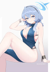 Rule 34 | 1girl, ako (blue archive), ako (dress) (blue archive), bare legs, bare shoulders, blue archive, blue dress, blue eyes, blue hair, bracelet, breasts, cleavage, closed mouth, cocktail dress, dress, halo, hand up, highres, jewelry, knee up, large breasts, long hair, looking at viewer, no bra, no panties, official alternate costume, side slit, sideboob, simple background, sitting, smile, solo, thighs, twomoon, white background