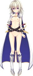 Rule 34 | 1girl, absurdres, aikawa tatsuki, armor, armored boots, belt, belt skirt, boots, breasts, cape, censored, crossed belts, dagger, full body, highres, knife, looking at viewer, mea hartlean, mosaic censoring, naked cape, navel, nipples, nude, purple eyes, pussy, ryuukishi bloody saga, sheath, sheathed, short hair, small breasts, solo, transparent background, warrior, weapon, white hair