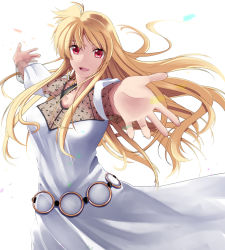 Rule 34 | 1girl, :d, belly chain, blonde hair, breasts, collarbone, dress, fate testarossa, floating hair, hair between eyes, jewelry, large breasts, long hair, looking at viewer, lyrical nanoha, mahou shoujo lyrical nanoha strikers, open mouth, outstretched arms, red eyes, smile, solo, sougetsu izuki, standing, straight hair, very long hair, white dress