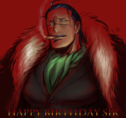 Rule 34 | 1boy, ascot, black hair, cigar, collared shirt, crocodile (one piece), english text, furrowed brow, hair slicked back, happy birthday, kokorozashi, male focus, mature male, one piece, red background, scar, scar on face, scar on nose, shirt, short hair, smile, smoking, solo, stitches, upper body