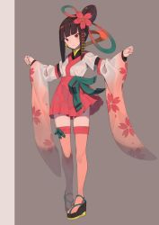 Rule 34 | 1girl, black footwear, blunt bangs, blush, breasts, brown background, brown hair, clenched hands, closed mouth, cone hair bun, detached sleeves, female focus, flower, full body, green ribbon, hair bun, hair flower, hair ornament, hands up, happy, heel up, highres, japanese clothes, kimono, layered sleeves, light blush, long sleeves, miniskirt, orange eyes, original, pigeon-toed, pink skirt, platform footwear, pleated skirt, red flower, ribbon, sandals, short hair, short over long sleeves, short sleeves, sidelocks, simple background, single hair bun, skirt, small breasts, smile, solo, standing, thighhighs, tomioka jirou, two-tone background, white kimono, wide sleeves, zettai ryouiki