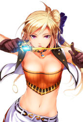 Rule 34 | 1girl, bandeau, blonde hair, blue bow, bow, breasts, brown gloves, cleavage, collarbone, floating hair, gloves, grancrest senki, hair bow, highres, holding, holding wand, long hair, looking at viewer, medium breasts, midriff, mikuni mizuki, navel, open mouth, pencil skirt, red eyes, siluca meletes, simple background, skirt, sleeveless, solo, stomach, wand, white background, white skirt