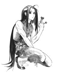 Rule 34 | 1boy, ahoge, ballet slippers, full body, greyscale, highres, holding, holding needle, hunter x hunter, illumi zoldyck, long hair, looking at viewer, monochrome, needle, shirt, sleeveless, sleeveless shirt, solo, squatting, very long hair, yonq98