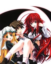 Rule 34 | 10s, 1boy, 2girls, absurdres, asia argento, blonde hair, green eyes, high school dxd, highres, hyoudou issei, long hair, miyama-zero, multiple girls, official art, pimp, red hair, rias gremory, wings