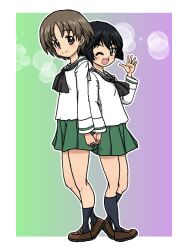 2girls black_eyes black_hair black_neckerchief black_scarf black_socks brown_eyes brown_hair brown_shoes from_side girls_und_panzer gradient_background green_background green_skirt holding_hands kneehighs maruyama_saki miniskirt multiple_girls neckerchief ooarai_school_uniform open_mouth pleated_skirt purple_background scarf school_uniform serafuku shoes short_hair skirt smile socks takahashi_kurage utsugi_yuuki white_serafuku