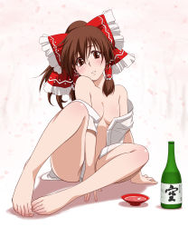 Rule 34 | 1girl, alcohol, bad id, bad pixiv id, bare legs, bare shoulders, barefoot, between legs, between thighs, blush, bottle, bottomless, bow, breasts, brown eyes, brown hair, censored, cherry blossoms, cleavage, clothes between thighs, convenient censoring, covering privates, covering crotch, cup, dress shirt, face, feet, female focus, gradient background, hair bow, hair tubes, hakurei reimu, hand between legs, hayashi custom, legs, medium breasts, naked shirt, no bra, off shoulder, open clothes, open shirt, sakazuki, sake, shirt, sitting, solo, thighs, toenails, toes, touhou, white shirt