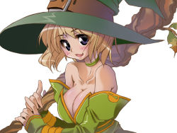 Rule 34 | 1girl, bare shoulders, blonde hair, blue eyes, blush, breasts, cleavage, collarbone, detached sleeves, dress, fantasy earth zero, green dress, hat, holding, large breasts, leaf, long sleeves, looking at viewer, rod, simple background, smile, solo, staff, strapless, strapless dress, white background, witch hat, yoshihara maito
