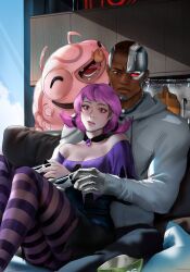 Rule 34 | 1boy, 1girl, 1other, bare shoulders, black choker, breasts, brown eyes, choker, colored skin, commentary, controller, couple, cyborg, cyborg (dc), dark-skinned male, dark skin, dc comics, english commentary, game console, game controller, grey skin, hair horns, highres, jinx (dc), jyundee, long sleeves, looking at viewer, pale skin, pantyhose, pink eyes, pink hair, purple pantyhose, short hair, silkie (dc), small breasts, striped clothes, striped pantyhose, teen titans, victor stone