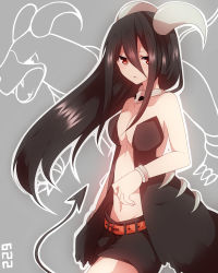 Rule 34 | 1girl, bare shoulders, belt, black hair, bracelet, breasts, center opening, cleavage, creatures (company), game freak, gen 2 pokemon, highres, horns, houndoom, impossible clothes, jewelry, long hair, medium breasts, navel, nintendo, personification, pokedex number, pokemon, red eyes, shorts, solo, tail, takeshima eku