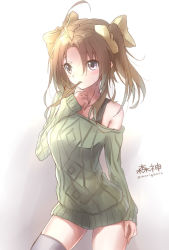 Rule 34 | 10s, 1girl, ahoge, alternate costume, bow, brown eyes, brown hair, cowboy shot, dress, food, hair bow, hair ribbon, kagerou (kancolle), kantai collection, looking away, morigami (morigami no yashiro), off shoulder, pocky, ribbed sweater, ribbon, solo, sweater, sweater dress, thighhighs, twintails, white thighhighs, yellow ribbon