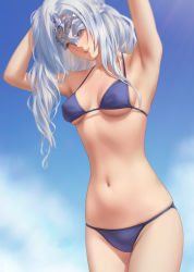 Rule 34 | 1girl, bikini, blindfold, blue bikini, blue sky, breasts, dark souls (series), dark souls iii, feet out of frame, fire keeper, hand in own hair, highres, lips, long hair, mask, miura-n315, navel, open mouth, simple background, sky, small breasts, smile, solo, standing, swimsuit, white hair