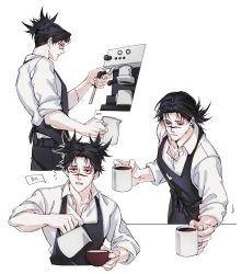 Rule 34 | 1boy, absurdres, apron, barista, belt, black apron, black belt, black eyes, black hair, black pants, choso (jujutsu kaisen), closed mouth, coffee maker, coffee mug, collared shirt, cowboy shot, cup, facial tattoo, highres, holding, holding cup, jujutsu kaisen, l everbloom, male focus, mug, pants, parted lips, ponytail, profile, shirt, short hair, short twintails, simple background, sleeves rolled up, standing, tattoo, twintails, white background, white shirt