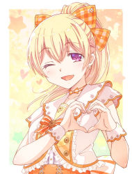 Rule 34 | 1girl, ;d, alternate hairstyle, bang dream!, blonde hair, bow, bowtie, choker, e20, earrings, flower earrings, frills, hair bow, heart, heart hands, jewelry, long hair, looking at viewer, one eye closed, open mouth, orange bow, orange bowtie, orange choker, outside border, plaid, plaid bow, ponytail, purple eyes, shirasagi chisato, smile, solo, star (symbol), striped bow, striped bowtie, striped choker, striped clothes, striped neckwear, upper body, wrist cuffs
