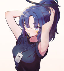 Rule 34 | 1girl, 24riside, adjusting hair, alternate costume, alternate hairstyle, arms up, black shirt, blue archive, blush, breasts, eyes visible through hair, gym uniform, hair tie in mouth, halo, hand in own hair, highres, id card, lanyard, large breasts, long hair, looking at viewer, mouth hold, ponytail, purple eyes, purple hair, shirt, short sleeves, simple background, solo, star (symbol), steam, sweat, tying hair, upper body, white background, yuuka (blue archive), yuuka (track) (blue archive)