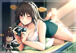 Rule 34 | &gt; &lt;, 10s, 1girl, :d, ;), alternate costume, bare arms, bare shoulders, barefoot, black hair, blue eyes, blush, breasts, camera, cleavage, closed eyes, closed mouth, collarbone, commission, foreshortening, headgear, hiei (kancolle), indoors, kantai collection, kongou (kancolle), large breasts, looking at viewer, lying, nendoroid, nontraditional miko, on stomach, one eye closed, open mouth, short hair, shorts, smile, solo, sunlight, tank top, the pose, tony guisado, turret, xd
