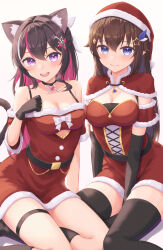 Rule 34 | 2girls, :d, absurdres, animal ears, azki (hololive), belt, black belt, black choker, black dress, black gloves, black hair, black thighhighs, blush, blush stickers, breasts, brown eyes, brown hair, capelet, cat ears, cat girl, cat tail, choker, christmas, cleavage, closed mouth, colored inner hair, cutout above navel, detached sleeves, double-parted bangs, dress, duplicate, elbow gloves, fur-trimmed capelet, fur-trimmed sleeves, fur trim, gloves, hair between eyes, hair ornament, hairclip, half updo, hat, highres, hololive, looking at viewer, medium breasts, mole, mole under eye, multicolored hair, multiple girls, off-shoulder dress, off shoulder, open mouth, pink hair, pixel-perfect duplicate, purple eyes, red capelet, red dress, santa costume, santa dress, santa hat, short sleeves, smile, star (symbol), star hair ornament, tail, thighhighs, tokino sora, two side up, typho, virtual youtuber, zettai ryouiki