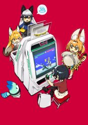 Rule 34 | 10s, 4girls, animal ears, arcade cabinet, backpack, bag, black footwear, black hair, black skirt, bow, bowtie, bucket hat, chair, check commentary, commentary request, ezo red fox (kemono friends), fox ears, fox tail, gloves, hat, hat feather, highres, jacket, jacky bryant, kaban (kemono friends), kemono friends, crossed legs, long hair, long sleeves, lucky beast (kemono friends), miwa shirow, motion blur, multiple girls, onsen symbol, pantyhose, playing games, pleated skirt, red background, red shirt, sega astro city, serval (kemono friends), serval print, serval tail, shirt, shoes, short hair, shorts, silver fox (kemono friends), sitting, sitting on object, skirt, striped tail, tail, tearing up, trembling, virtua fighter, washpan, white shorts, yellow eyes, yuki akira