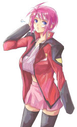 Rule 34 | 1girl, :o, bandage on face, bandages, bandaid, bandaid on face, black thighhighs, blue eyes, collarbone, cowboy shot, crop top, gundam, gundam seed, gundam seed destiny, hand on own head, jacket, long sleeves, looking at viewer, lunamaria hawke, midriff, military jacket, miniskirt, open clothes, open jacket, pink hair, pink skirt, pleated skirt, red jacket, short hair, simple background, skirt, solo, standing, stomach, thighhighs, white background, yuuka seisen, zettai ryouiki