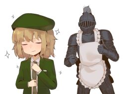 Rule 34 | 1boy, 1girl, adjusting clothes, adjusting necktie, alternate costume, apron, armor, beret, black souls, closed eyes, closed mouth, collared shirt, elma (black souls), formal, frilled apron, frills, green headwear, green necktie, green suit, grimm (black souls), hat, helm, helmet, jacket, light brown hair, long sleeves, necktie, open clothes, open jacket, shirt, short hair, simple background, sparkle, suit, thumbs up, viroa, white apron, white background