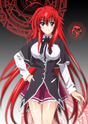 Rule 34 | 1girl, ahoge, aqua eyes, black ribbon, bow, breasts, floating hair, gradient background, green ribbon, hair bow, hand on own hip, high school dxd, large breasts, long hair, looking at viewer, magic, miniskirt, neck ribbon, pleated skirt, purple skirt, red hair, rias gremory, ribbon, ruisan, skirt, smile, solo, very long hair