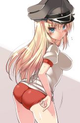 Rule 34 | 10s, 1girl, adjusting buruma, adjusting clothes, alternate costume, ass, bismarck (kancolle), blonde hair, blue eyes, blush, breasts, buruma, flying sweatdrops, gym uniform, hat, highres, impossible clothes, impossible shirt, kantai collection, large breasts, long hair, looking at viewer, military hat, ohta yuichi, peaked cap, shirt, simple background, solo, white background