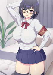 Rule 34 | 1girl, absurdres, arm up, armband, bed, bed sheet, black hair, black thighhighs, blue skirt, blush, breasts, collared shirt, commentary request, curtains, glasses, hand on own hip, highres, indoors, large breasts, lips, looking at viewer, model pose, one eye closed, open mouth, original, pillow, pleated skirt, purple eyes, sakamata (sakamata4), semi-rimless eyewear, shirt, skirt, smile, solo, thighhighs, under-rim eyewear, white shirt