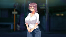 Rule 34 | 1girl, black-framed eyewear, blurry, blurry background, breasts, brown hair, cleavage, closed mouth, cowboy shot, female focus, glasses, highres, huge breasts, legs, light smile, looking at viewer, medium hair, night, original, outdoors, own hands together, raidon, rikujoubu joshi wa ore no nama onaho!!!, smile, solo, standing, thighs, yellow eyes