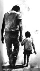 Rule 34 | 1boy, 1girl, age difference, child, father and daughter, greyscale, harry mason, heather mason, height difference, highres, holding hands, ito masahiro, monochrome, novel, official art, scan, silent hill, silent hill (series), silent hill 1, silent hill 3, size difference