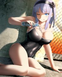 Rule 34 | 10s, 1girl, ;q, arm support, bare arms, bare legs, bare shoulders, between breasts, black flower, black one-piece swimsuit, black rose, black school swimsuit, blue eyes, blunt bangs, blush, bottle, breasts, bursting breasts, chain-link fence, cleavage, collarbone, competition school swimsuit, concrete, covered navel, dagashi kashi, dutch angle, female focus, fence, fingernails, flower, goribote, hair flower, hair ornament, hair ribbon, hairband, holding, large breasts, legs, licking lips, light purple hair, looking at viewer, nail polish, naughty face, off shoulder, on floor, on ground, one-piece swimsuit, one eye closed, outdoors, pouring, pouring onto self, purple hair, ramune, red nails, ribbon, ringed eyes, rose, school swimsuit, shadow, shidare hotaru, shiny clothes, short hair, sitting, smile, solo, strap slip, sunlight, swimsuit, thighs, tongue, tongue out, water bottle, wet, wink, yokozuwari