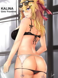 Rule 34 | 1girl, ass, bare back, bare shoulders, black-framed eyewear, black bra, black panties, blonde hair, blue eyes, blurry, blurry background, blush, bra, breasts, butt crack, character name, copyright name, cowboy shot, eyewear on head, fingernails, from behind, garter belt, girls&#039; frontline, hair between eyes, hair ornament, hair ribbon, highres, holding, kalina (girls&#039; frontline), large breasts, long hair, looking at viewer, looking back, nail polish, one side up, panties, panty pull, parted lips, piukute062, red ribbon, ribbon, sideboob, signature, smile, solo, sunglasses, underwear, white nails, x hair ornament