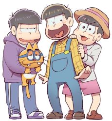Rule 34 | 10s, 3boys, bad id, bad twitter id, black hair, blush stickers, brothers, cat, esper nyanko, hat, heart, heart in mouth, hood, hoodie, male focus, mask, matsuno ichimatsu, matsuno jyushimatsu, matsuno todomatsu, messy hair, mouth mask, multiple boys, necktie, osomatsu-kun, osomatsu-san, osomatsu (series), overalls, pants, pink necktie, pink shorts, plaid, plaid shirt, porkpie hat, sandals, sanjiro (tenshin anman), shirt, shorts, siblings, simple background, single vertical stripe, smile, surgical mask, sweatdrop, track pants, white background