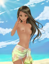 Rule 34 | 1girl, beach, breasts, brown hair, cloud, daifuku pupi, dark-skinned female, dark skin, day, female focus, highres, light rays, lips, long hair, looking at viewer, md5 mismatch, navel, nipples, nude, ocean, original, outdoors, resolution mismatch, sarong, sky, small breasts, smile, solo, source smaller, sunbeam, sunlight, topfreedom, topless, water, yellow eyes