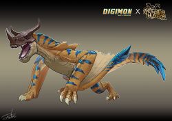 Rule 34 | absurdres, blue stripes, copyright name, creature, crossover, digimon, digimon (creature), dragon, fusion, greymon, gugenheim98, highres, horns, monster, monster hunter (series), open mouth, red eyes, scales, sharp teeth, signature, simple background, solo, striped, tail, teeth, tigrex, wings, wyvern