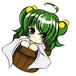 Rule 34 | 1girl, ahoge, blush, bucket, female focus, green eyes, green hair, hair bobbles, hair ornament, in bucket, in container, kisume, sanatan, simple background, solo, touhou, twintails, white background